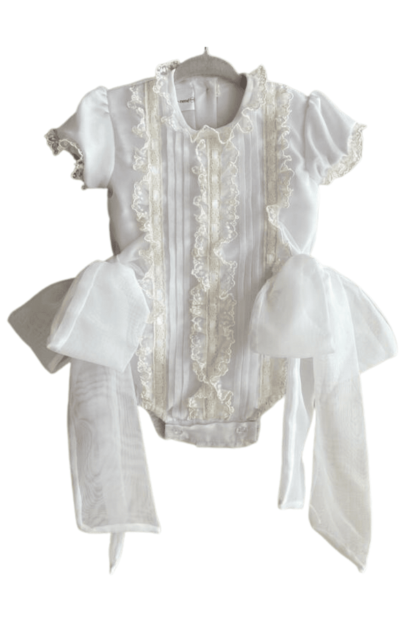 Eloise Romper - White organza romper with vertical embroidered details and white ribbon trim | Beenene