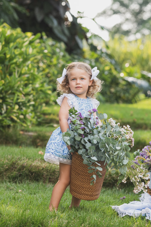 French Amelia Dress - Blue toddler girl dress in floral pattern with lace and bow detail | Bee•nené