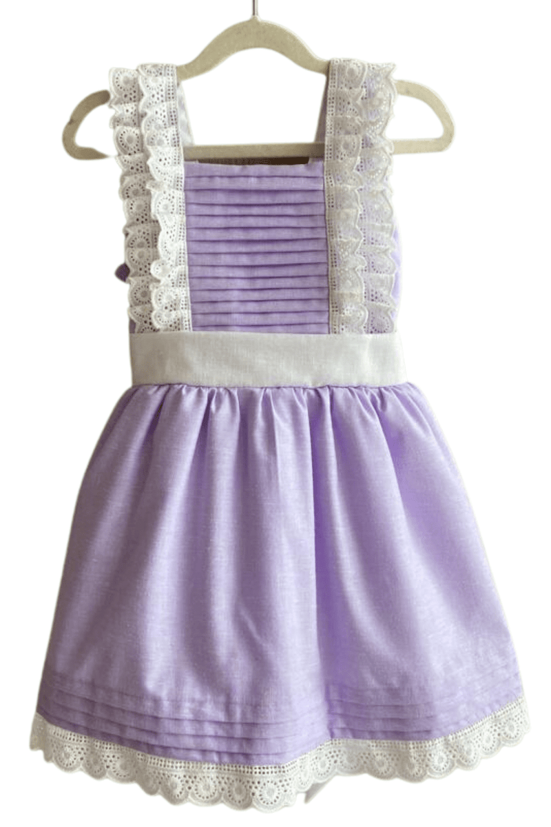 Lavande Dress - Lilac linen dress with square neckline, pleats, and embroidered trim | Bee•nené