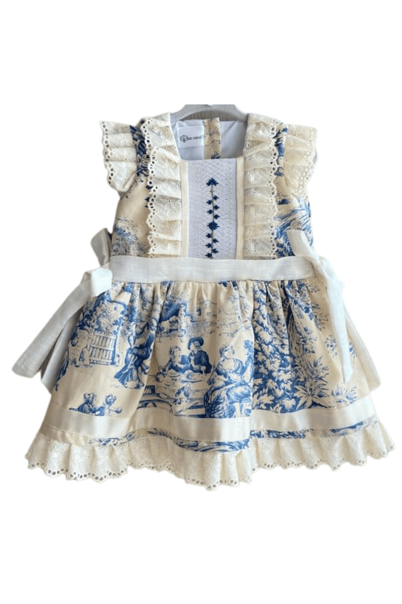 Monaco Dress - Beige toile de Jouy fabric dress with slate blue print, square neckline, ruffles and smocked detail | Bee•nené
