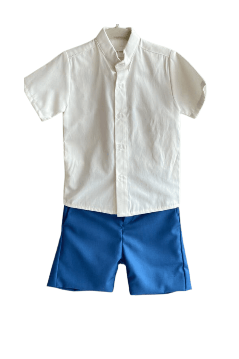 Monaco Set - Cream cotton short-sleeve shirt with a Mao collar, navy blue gabardine shorts | Bee•nené