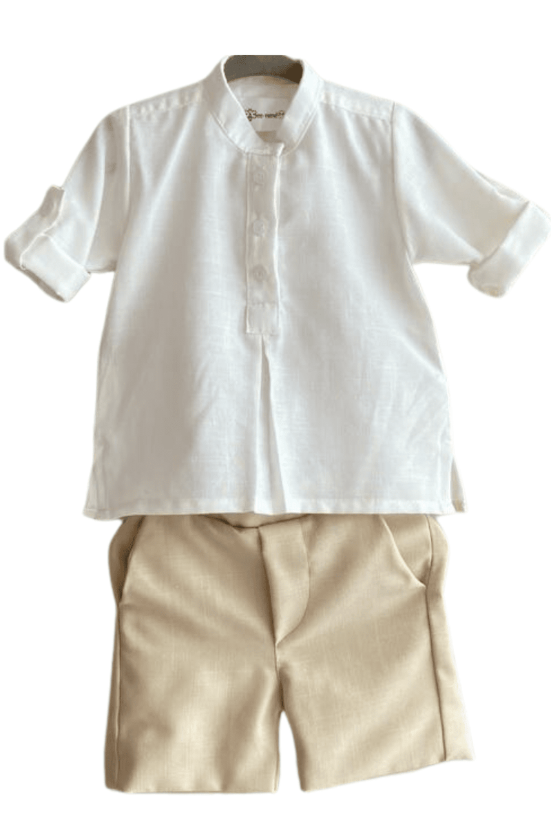 Monte Carlo Set - Cream linen shirt with a Mao collar, and beige linen shorts | Bee•nené