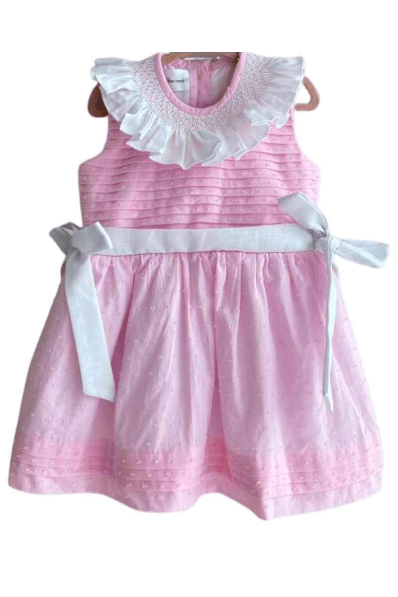 Romaine Dress - Pink toddler dress with white smoked embroidered collar, white waistband and side bows | Beenene