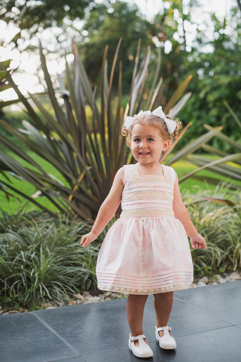Sainte Marie Dress - Pink print toddler girl dress with lace and bow details | Beenene