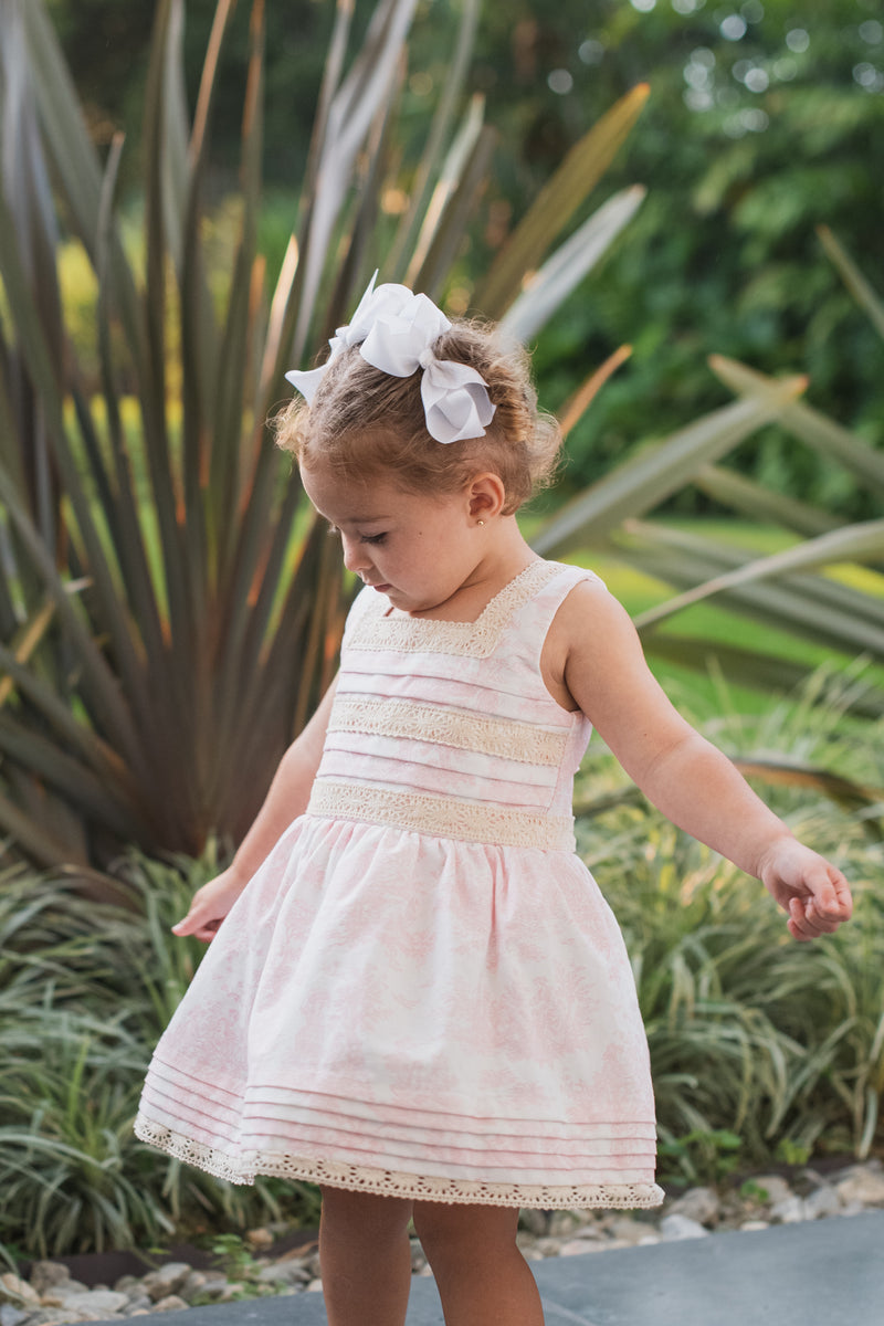 Sainte Marie Dress - Pink print toddler girl dress with lace and bow details | Beenene