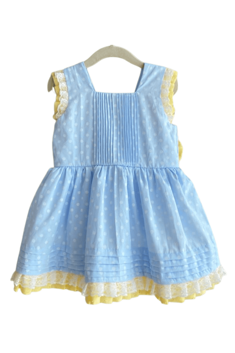 St Tropez Dress - Blue toddler girl dress with white polka-dot print and yellow sleeves with white lace | Bee•nené