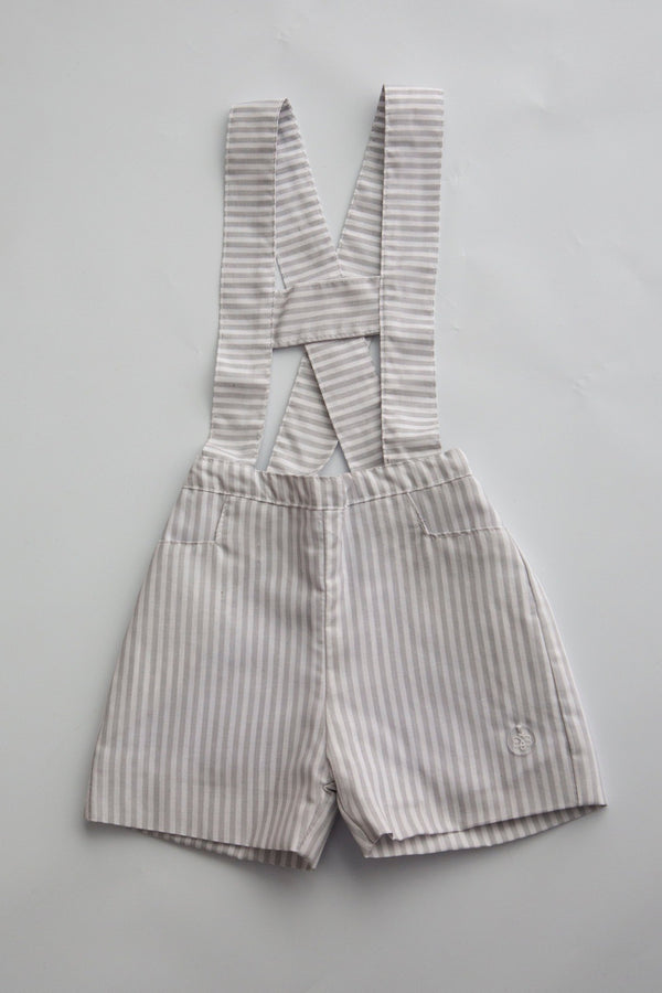 Gray and White Striped Shorts with Suspenders