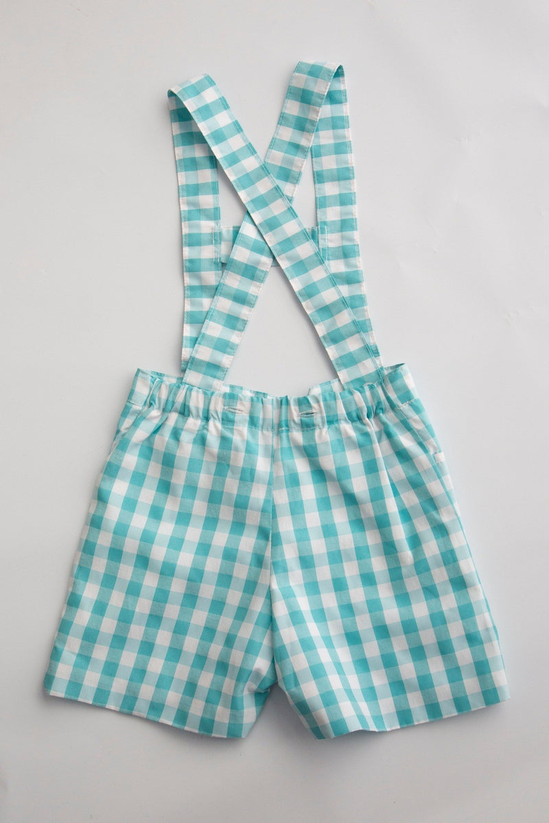 Turquoise Gingham Shorts with Suspenders